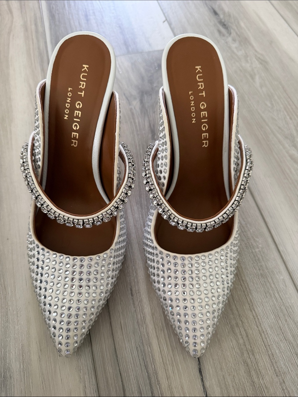 Kurt Geiger White Crystal-Studded Pointed Slip-On Mules